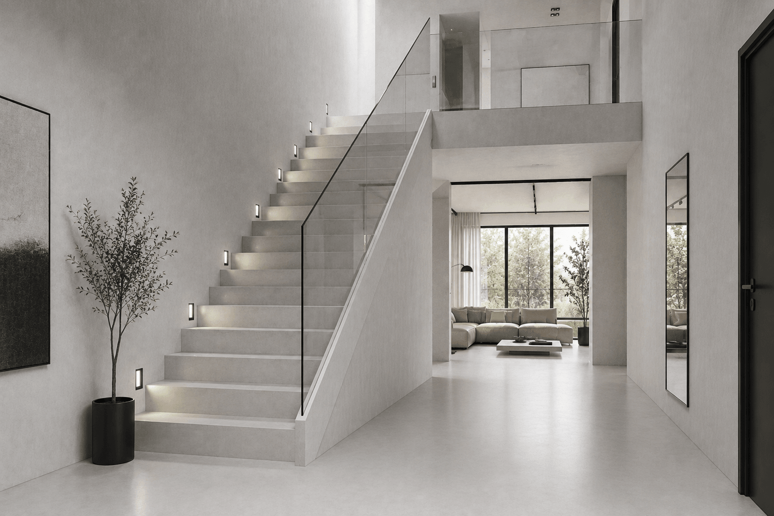 Schody ze szklaną balustradą wykonane przy użyciu Microlite Milano Jasnoszary.